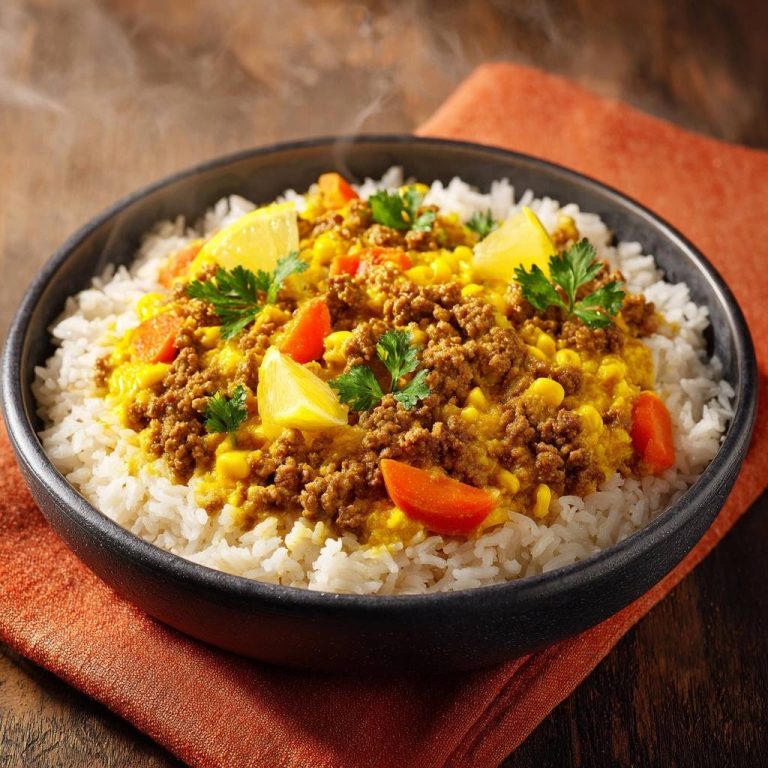 Indisches Hack-Curry mit Reis, Mais & Gemüse, serviert in einer Schüssel, mit Dampf, garniert mit Zitrone und Petersilie.