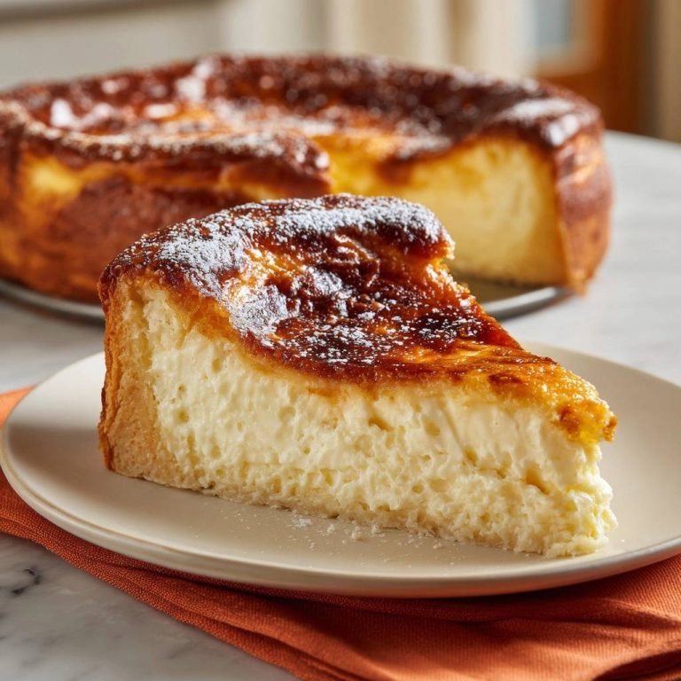 Perfekter cremiger Käsekuchen angeschnitten auf einem Teller, mit Puderzucker bestäubt und dem ganzen Kuchen im Hintergrund.