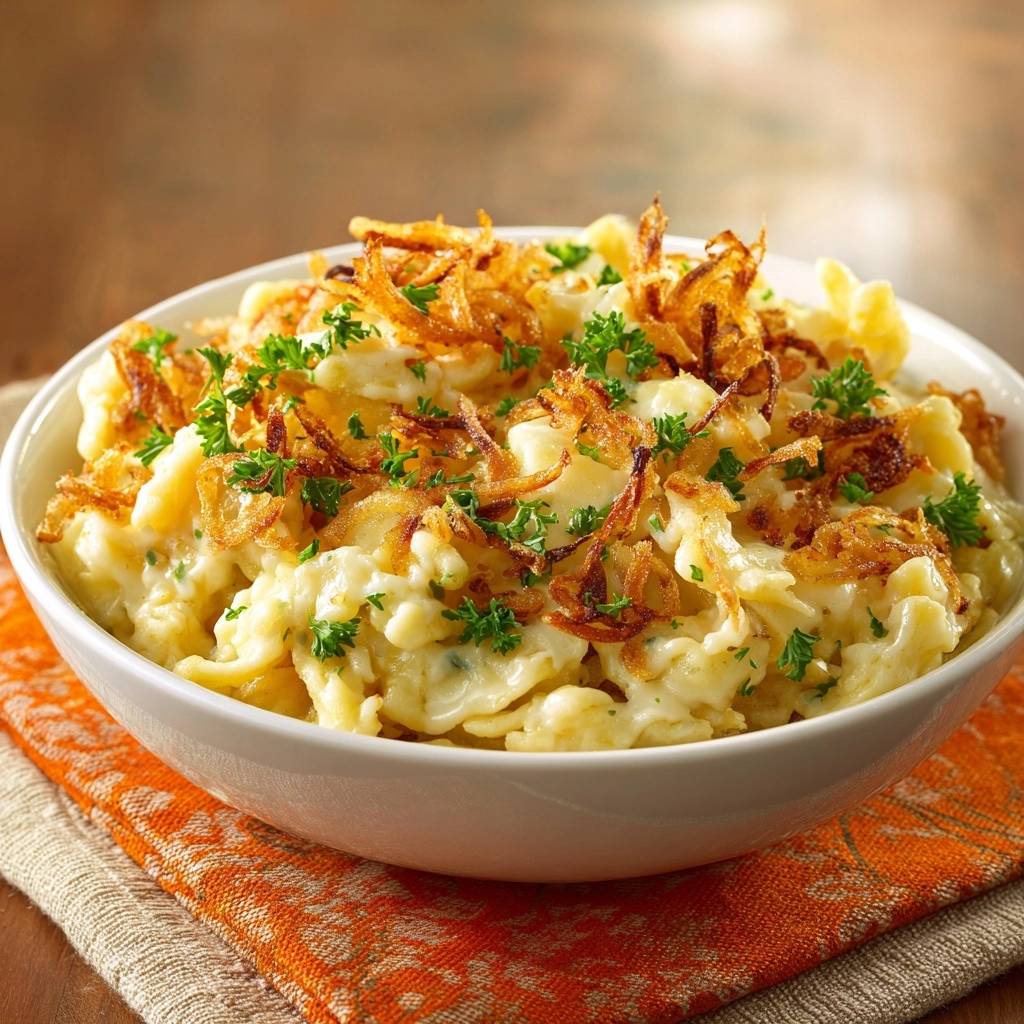Käsespätzle mit knusprigen Zwiebeln, garniert mit frischer Petersilie und serviert in einer weißen Schüssel auf einem orangen Tuch.