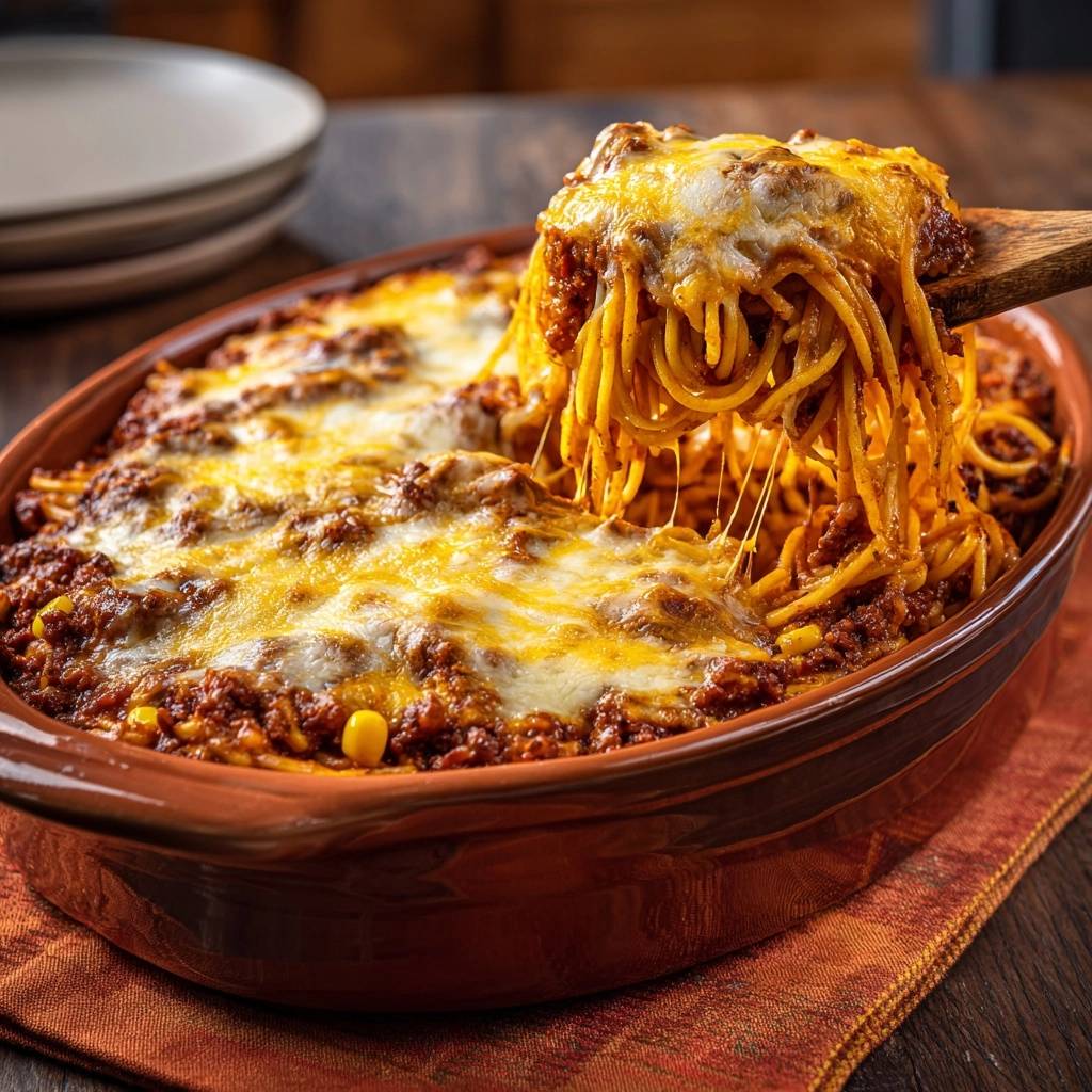Käsig überbackener Spaghetti-Hack-Auflauf, der heiss aus der Auflaufform mit einem Holzlöffel serviert wird.