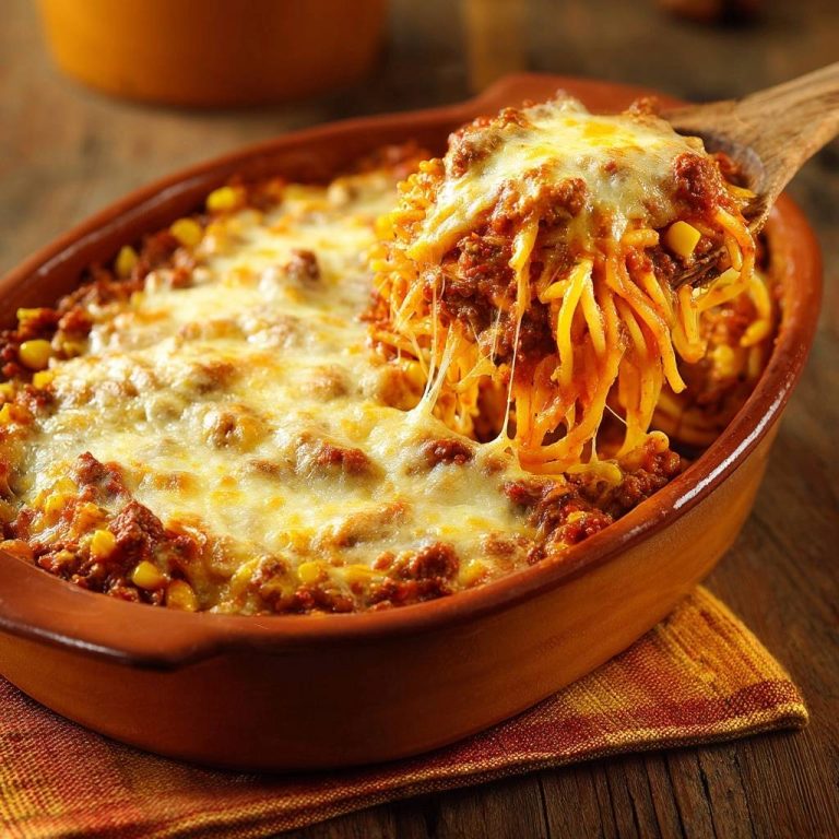 Käsig überbackener Spaghetti-Hack-Auflauf, nahaufnahme mit schmelzendem Käse und Nudeln, die von einer Holzschaufel gezogen werden.