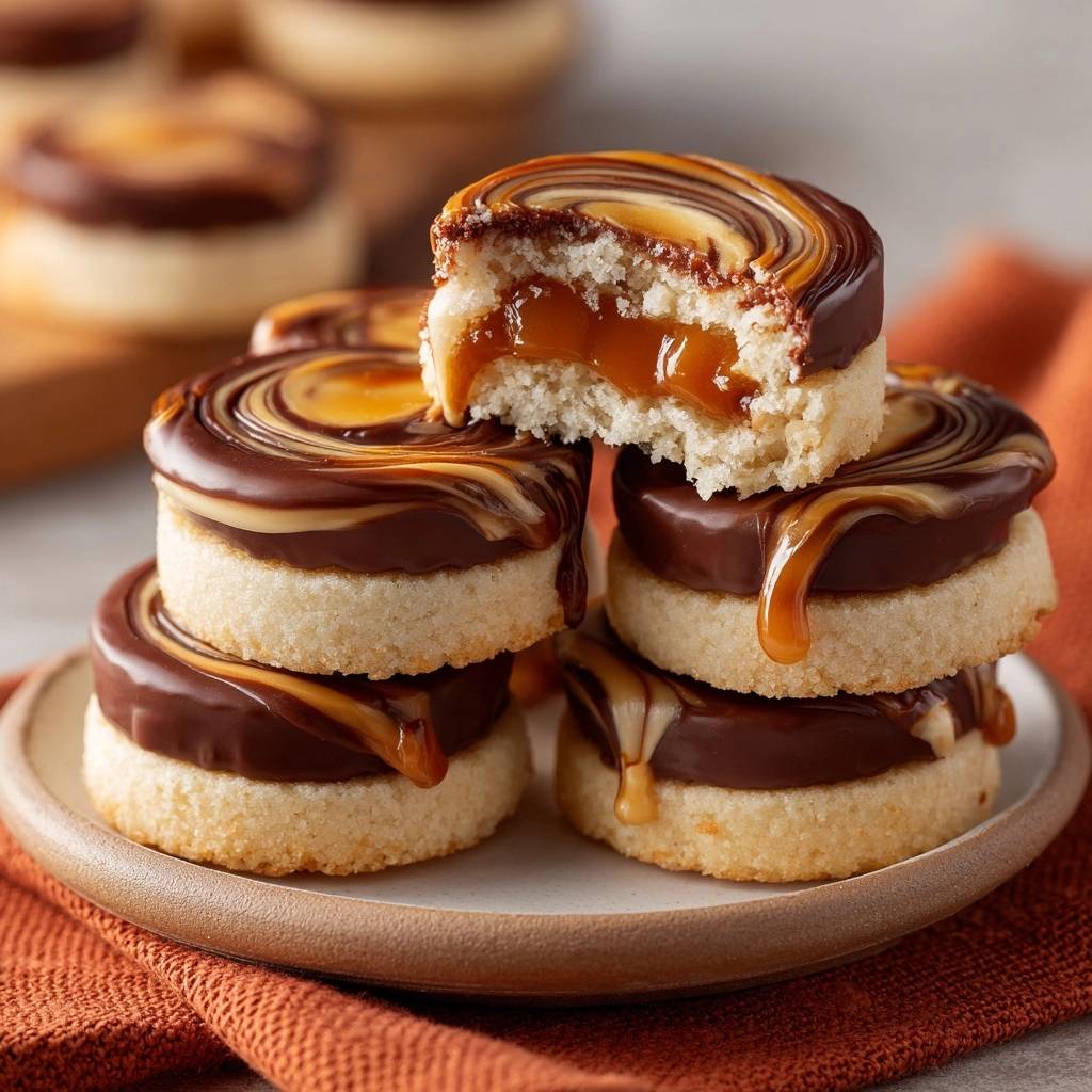 Karamell-Schoko-Shortbread angeschnitten mit krossem Gebäck und flüssiger Karamellfüllung, detailreiche Nahaufnahme.