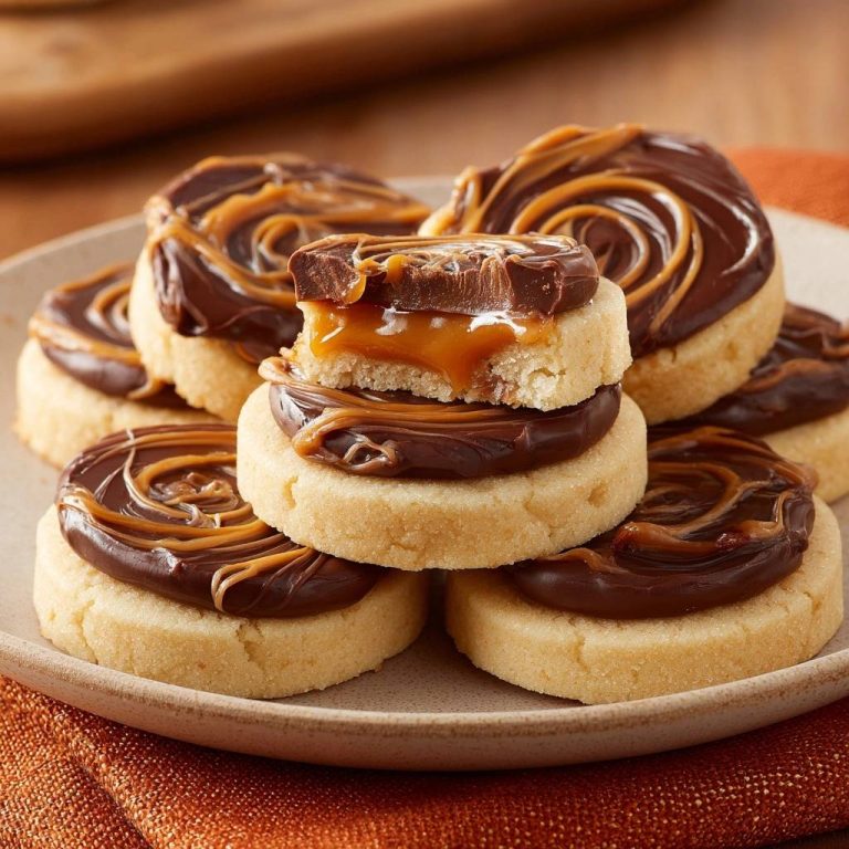 Karamell-Schoko-Shortbread angeschnitten, das den flüssigen Karamellkern und die Schokoladenglasur zeigt.