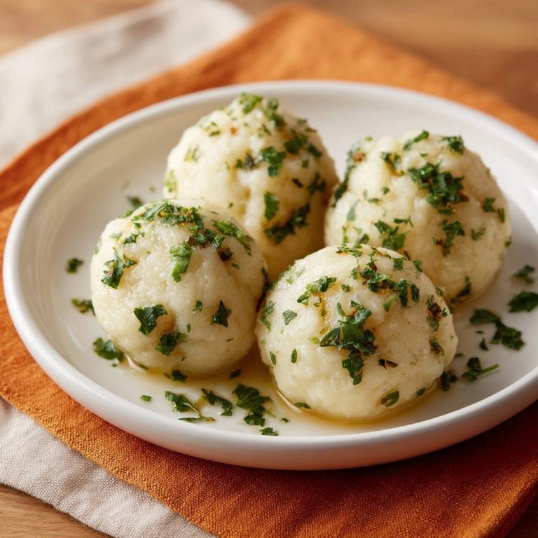 Perfekte Kartoffelknödel mit Petersilie, serviert auf einem weißen Teller mit flüssigem Butter-Guss und frisch gehackter Petersilie obendrauf.