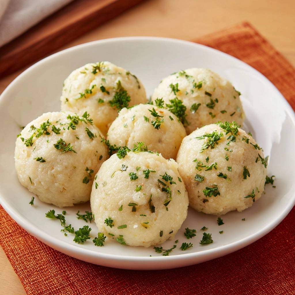 Perfekte Kartoffelknödel mit Petersilie, garniert mit frischer Petersilie auf einem weißen Teller, Nahaufnahme.