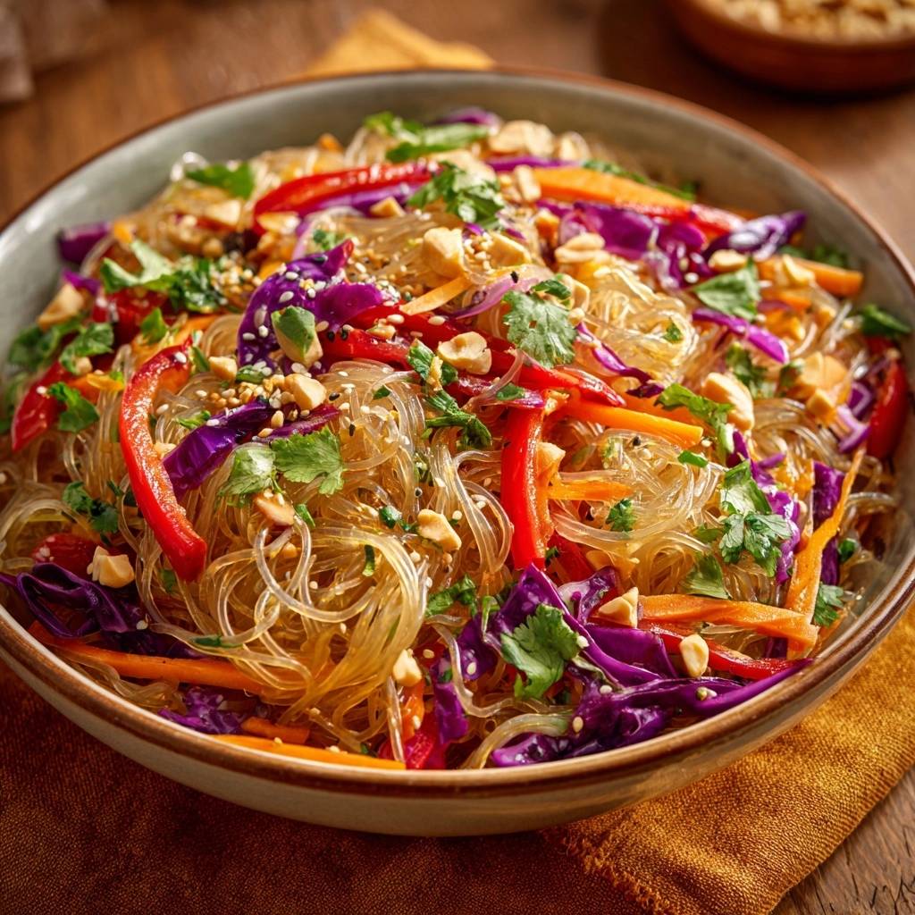 Knackiger Glasnudelsalat mit buntem Gemüse in einer Schüssel, Nahaufnahme mit Erdnüssen und Kräutern garniert.