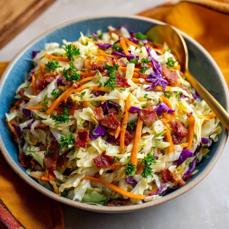Knackiger Krautsalat mit Speck in einer blauen Schüssel, garniert mit Petersilie und nah aufgenommen.