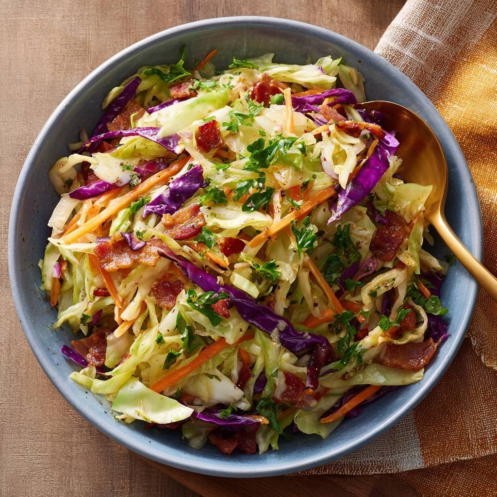 Knackiger Krautsalat mit Speck in einer blauen Schüssel, serviert mit einem goldenen Löffel und garniert mit Petersilie.