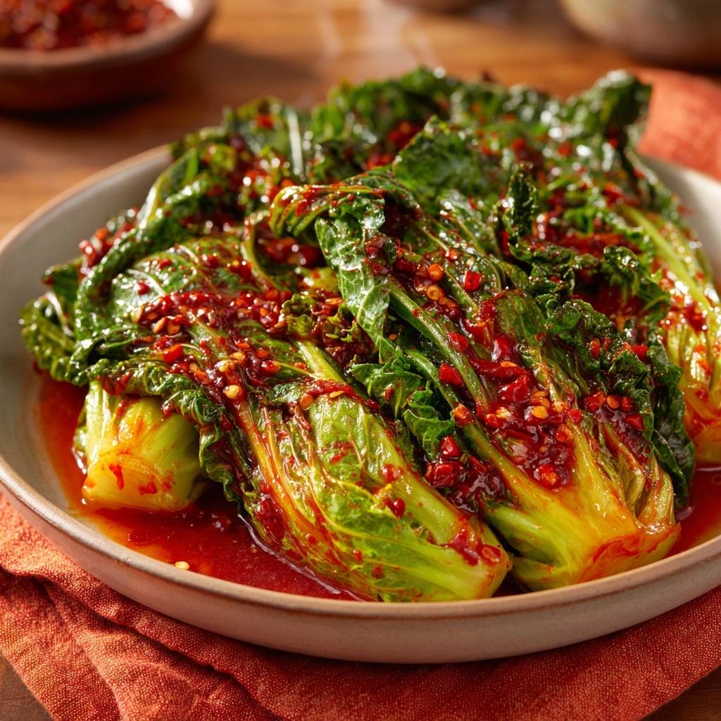 Knackiger Pak-Choi in scharfer Sauce, eine Nahaufnahme der glänzenden, mit Chili bedeckten Blätter auf einem Teller.