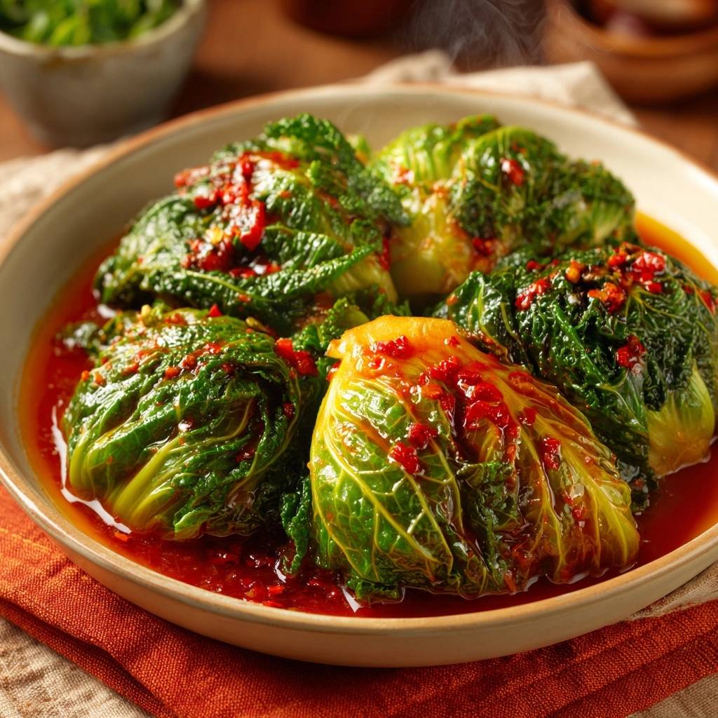 Knackiger Pak-Choi in scharfer Sauce, eine Nahaufnahme des dampfenden Gerichts mit roten Chilistückchen in der Sauce.