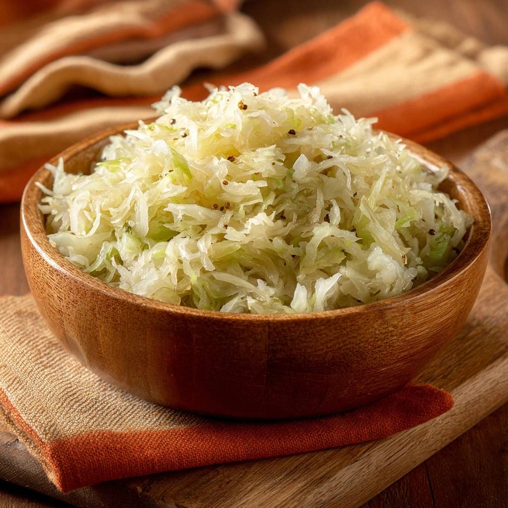 Knackiger Pfannkohl mit Pfeffer in einer Holzschüssel, Nahaufnahme der Textur und Essiggemüse.