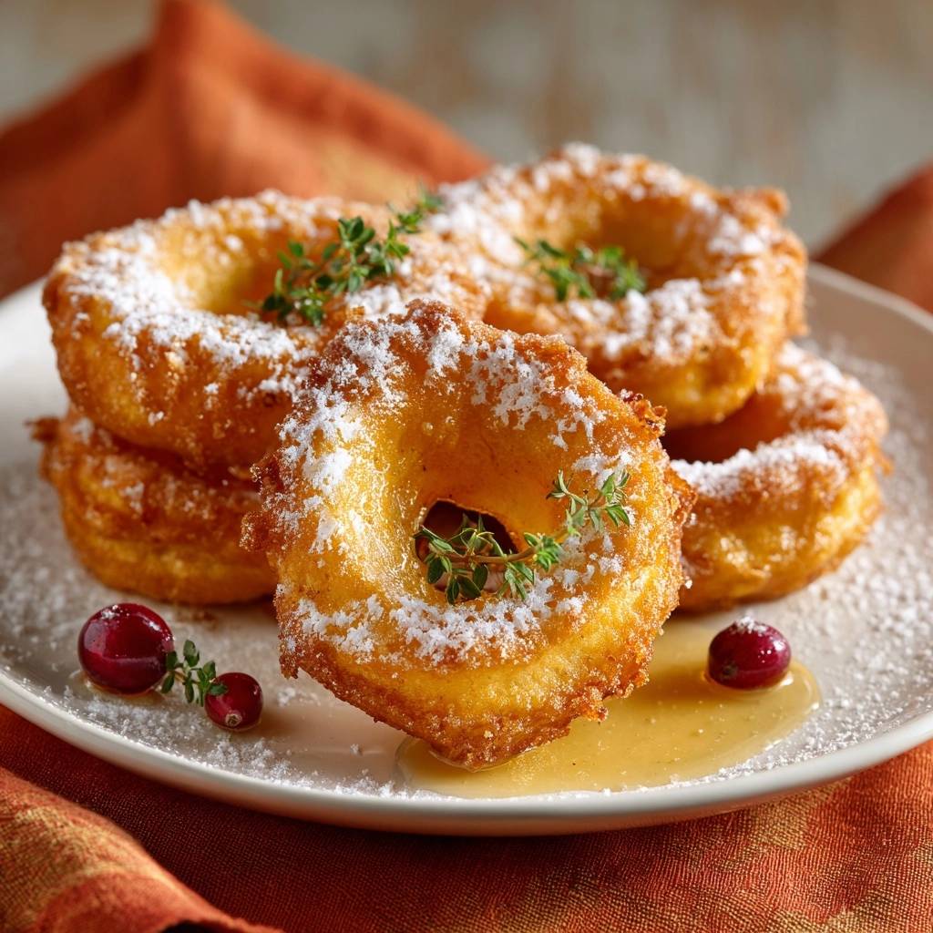 Knusprige Apfelringe mit Puderzucker und frischen Kräutern garniert auf einem Teller mit Cranberries und Honig.