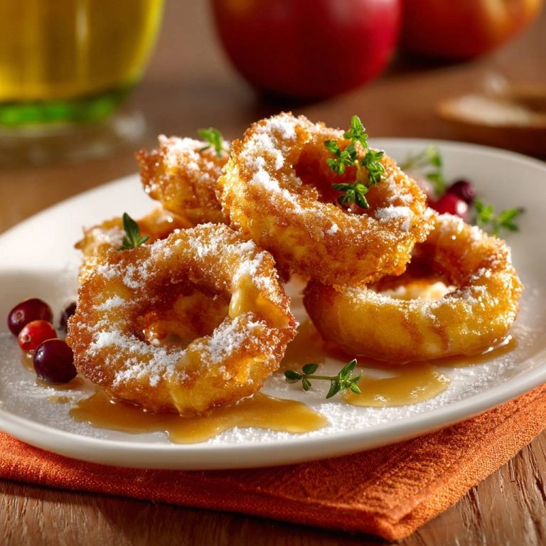 Knusprige Apfelringe garniert mit Puderzucker, serviert mit Cranberries und einer leichten Zuckersauce auf einem Teller.