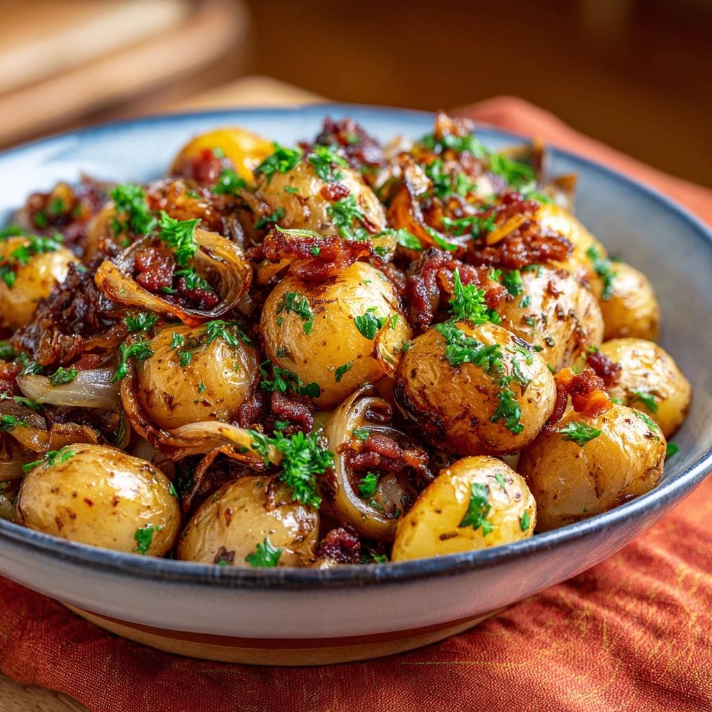 Knusprige Babykartoffeln mit Speck und Zwiebeln, eine Nahaufnahme, die die Textur der Kartoffeln und die Garnitur mit Speck und Petersilie zeigt.