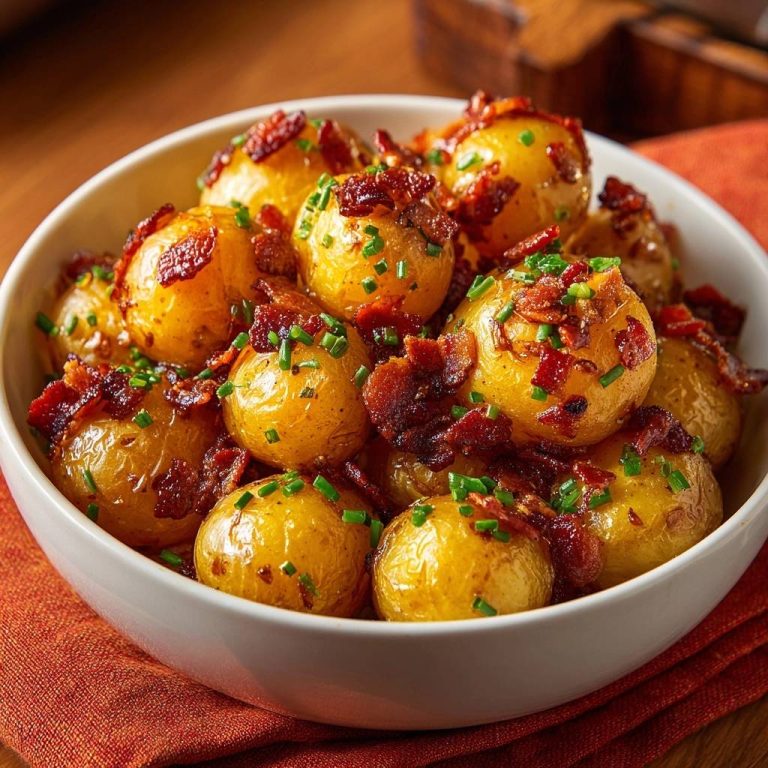 Knusprige Babykartoffeln mit Speck und Schnittlauch, garniert mit frischen Kräutern und Speckstücken in einer weißen Schüssel.
