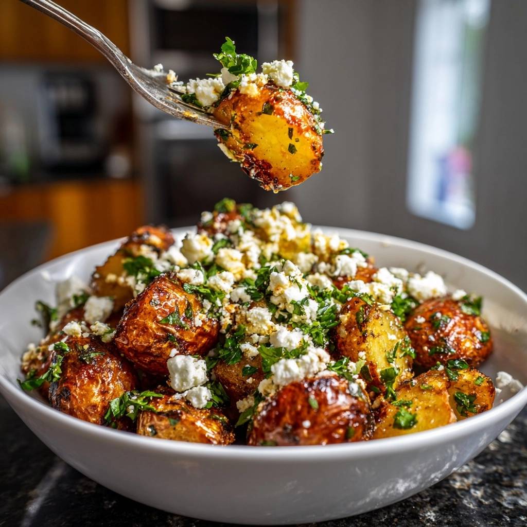 Knusprige Babykartoffeln mit Feta, auf einer Gabel präsentiert, zeigen die goldbraune Textur und die frische Garnitur.