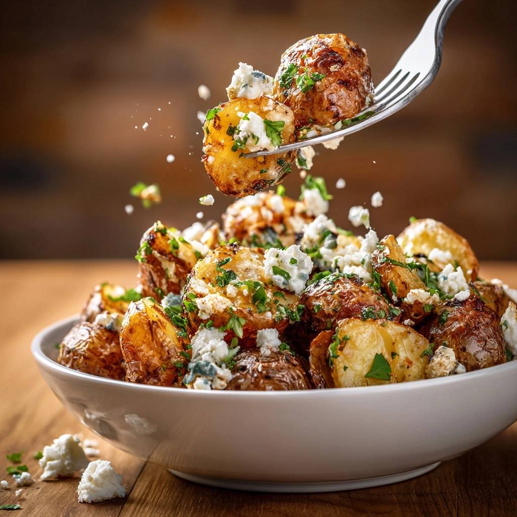Knusprige Babykartoffeln mit Feta, die von einer Gabel aufgespießt werden, mit einigen Kartoffeln, die aus der Schüssel fliegen.