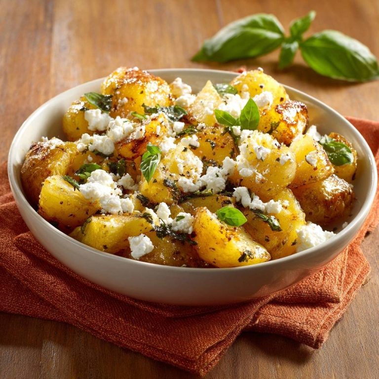 Knusprige Babykartoffeln mit Feta und Basilikum, garniert mit frischem Feta und Kräutern, in einer Schüssel serviert.