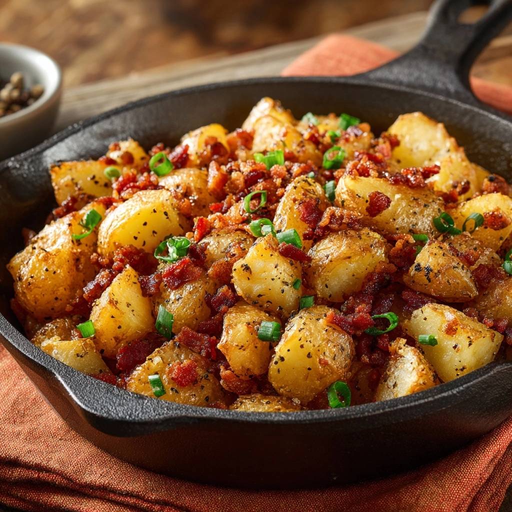 Knusprige Babykartoffeln mit Speck, garniert mit frischen Frühlingszwiebeln in einer Gusseisenpfanne.