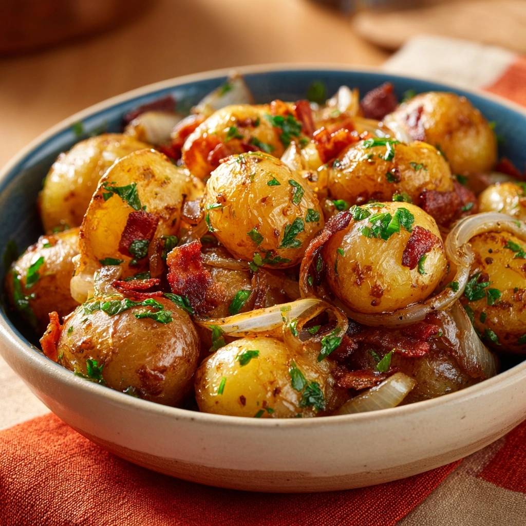 Knusprige Babykartoffeln mit Speck und Zwiebeln in einer Schüssel, nahaufnahme der Textur und Zutaten.