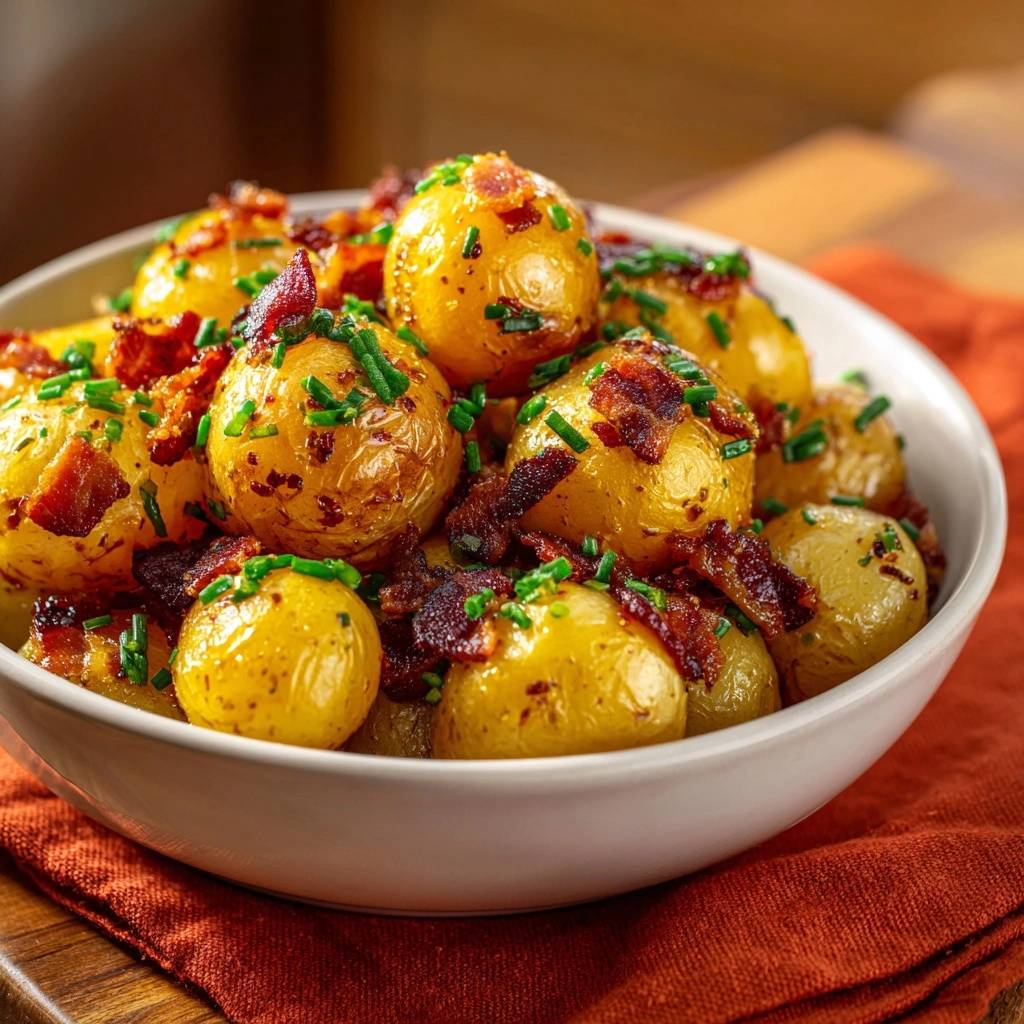 Knusprige Babykartoffeln mit Speck und Schnittlauch, garniert mit gebratenem Speck und frischen Kräutern in einer Schüssel.