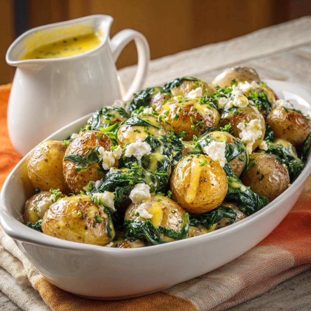 Knusprige Babykartoffeln mit Spinat, Feta und Senfsoße, serviert in einer Schüssel mit einer Kanne Soße daneben.