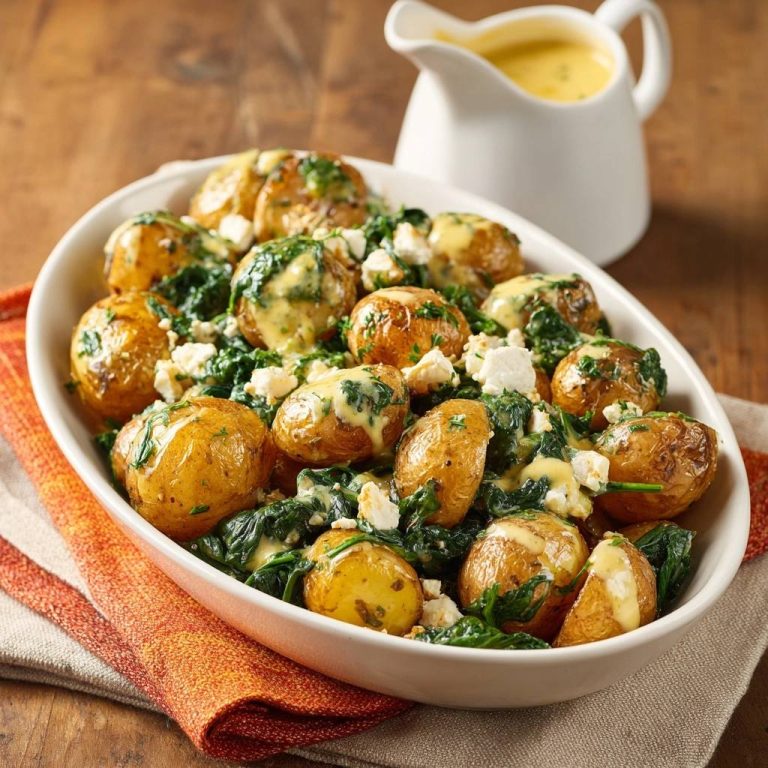 Knusprige Babykartoffeln mit Spinat, Feta und Senfsoße als Nahaufnahme aus einer Schüssel mit einem Krug Soße im Hintergrund.
