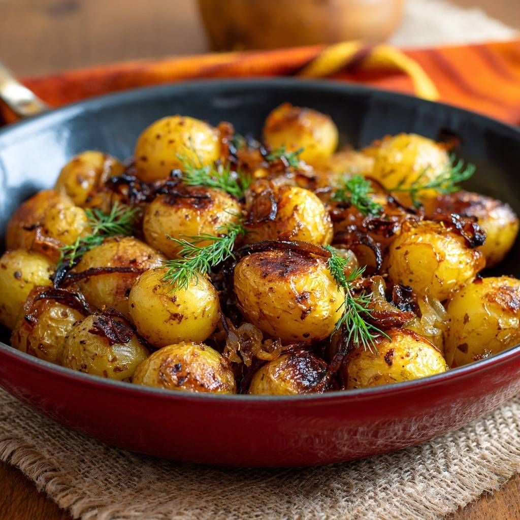 Knusprige Babykartoffeln mit Zwiebeln und Dill in einem roten Topf, garniert mit frischem Dill.