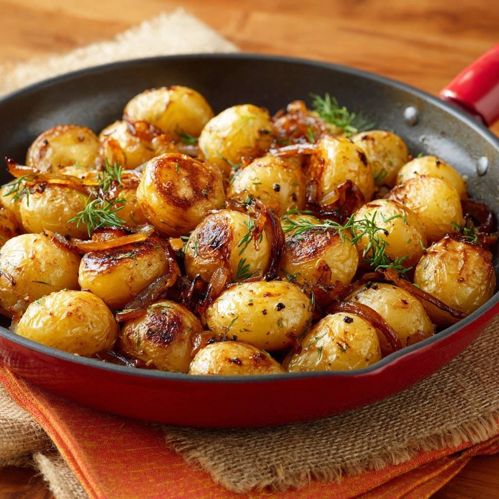 Knusprige Babykartoffeln mit Zwiebeln und Dill werden in einer roten Pfanne serviert, garniert mit frischem Rosmarin.