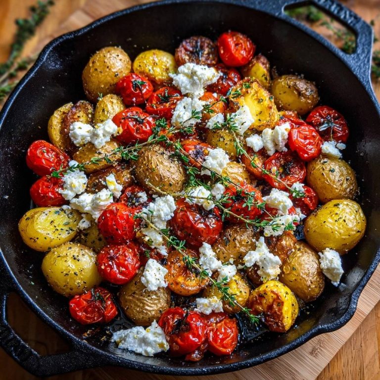 Knusprige Babykartoffeln mit Tomaten und Feta, garniert mit frischen Kräutern in einer gusseisernen Pfanne, Nahaufnahme.