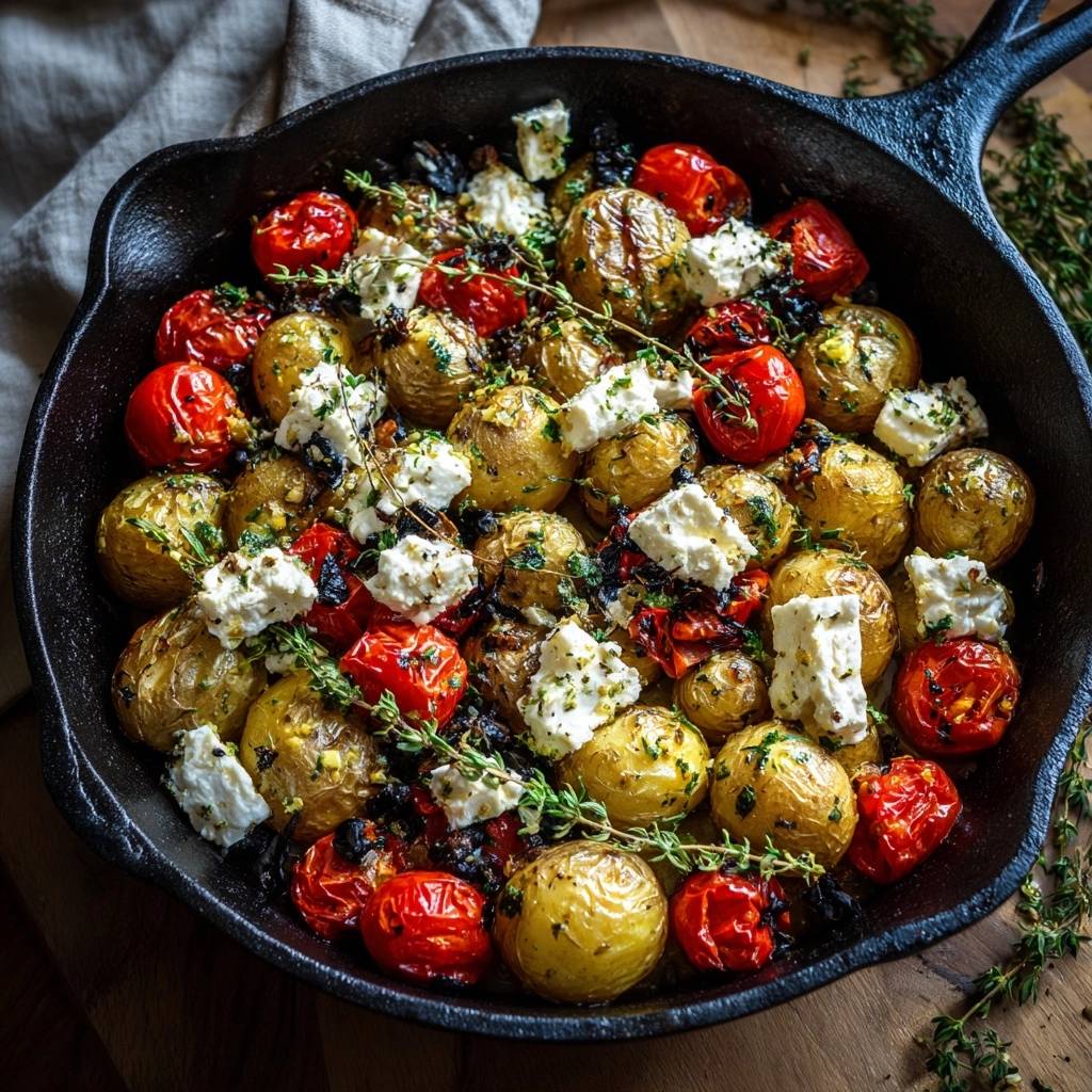 Knusprige Babykartoffeln mit Tomaten und Feta, im Detail in einer Gusseisenpfanne mit Kräutern und zerbröckeltem Käse.