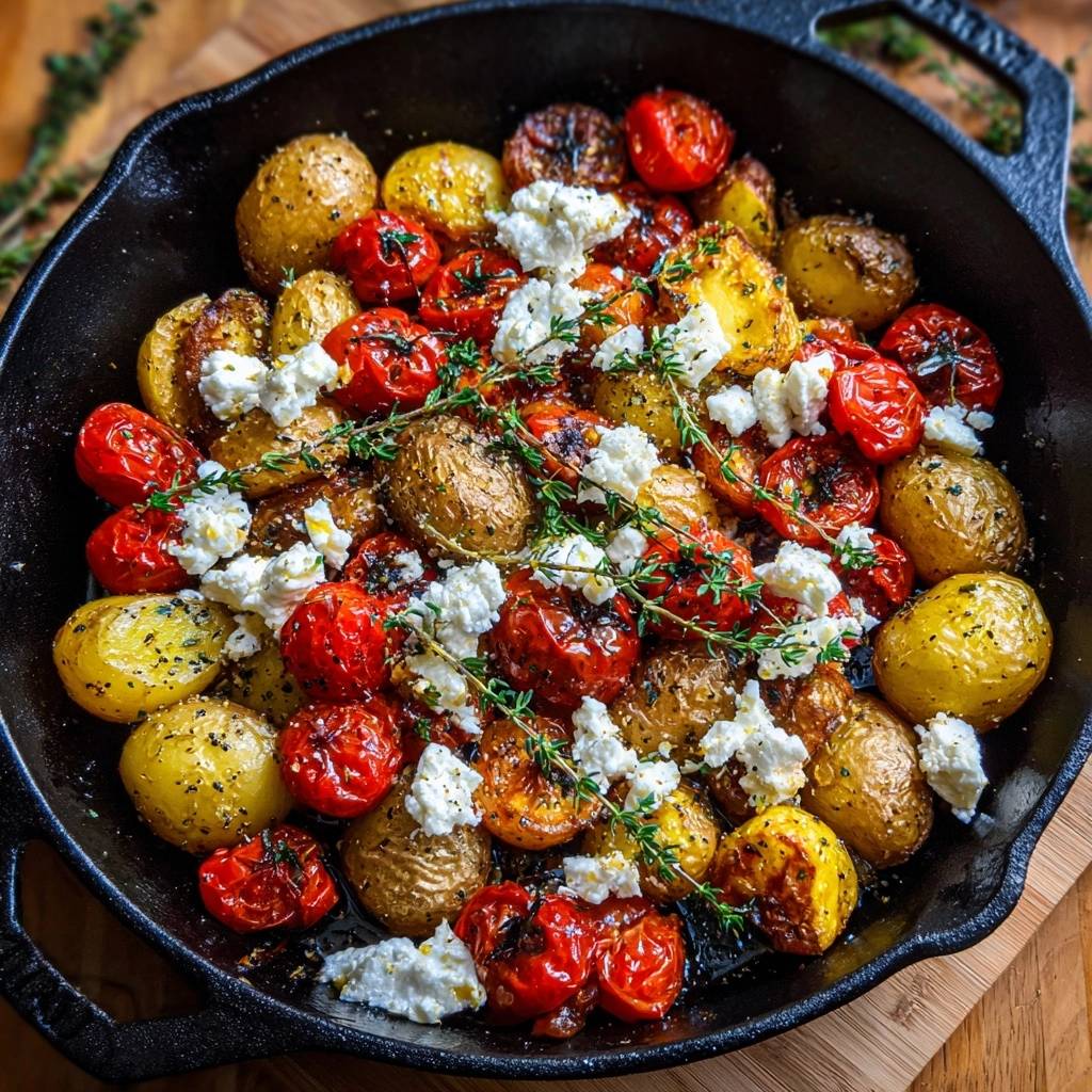 Knusprige Babykartoffeln mit Tomaten und Feta, garniert mit frischen Kräutern in einer gusseisernen Pfanne, Nahaufnahme.