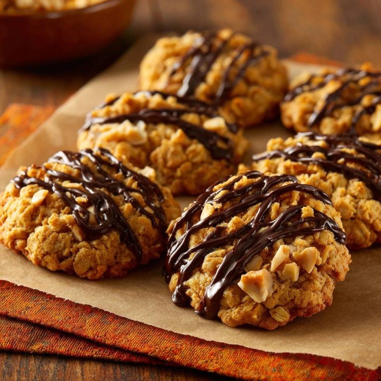 Knusprige Erdnuss-Hafer-Cookies mit Schoko-Drizzle, nah aufgenommen mit sichtbaren Erdnussstückchen und Schokoladendrizzle.