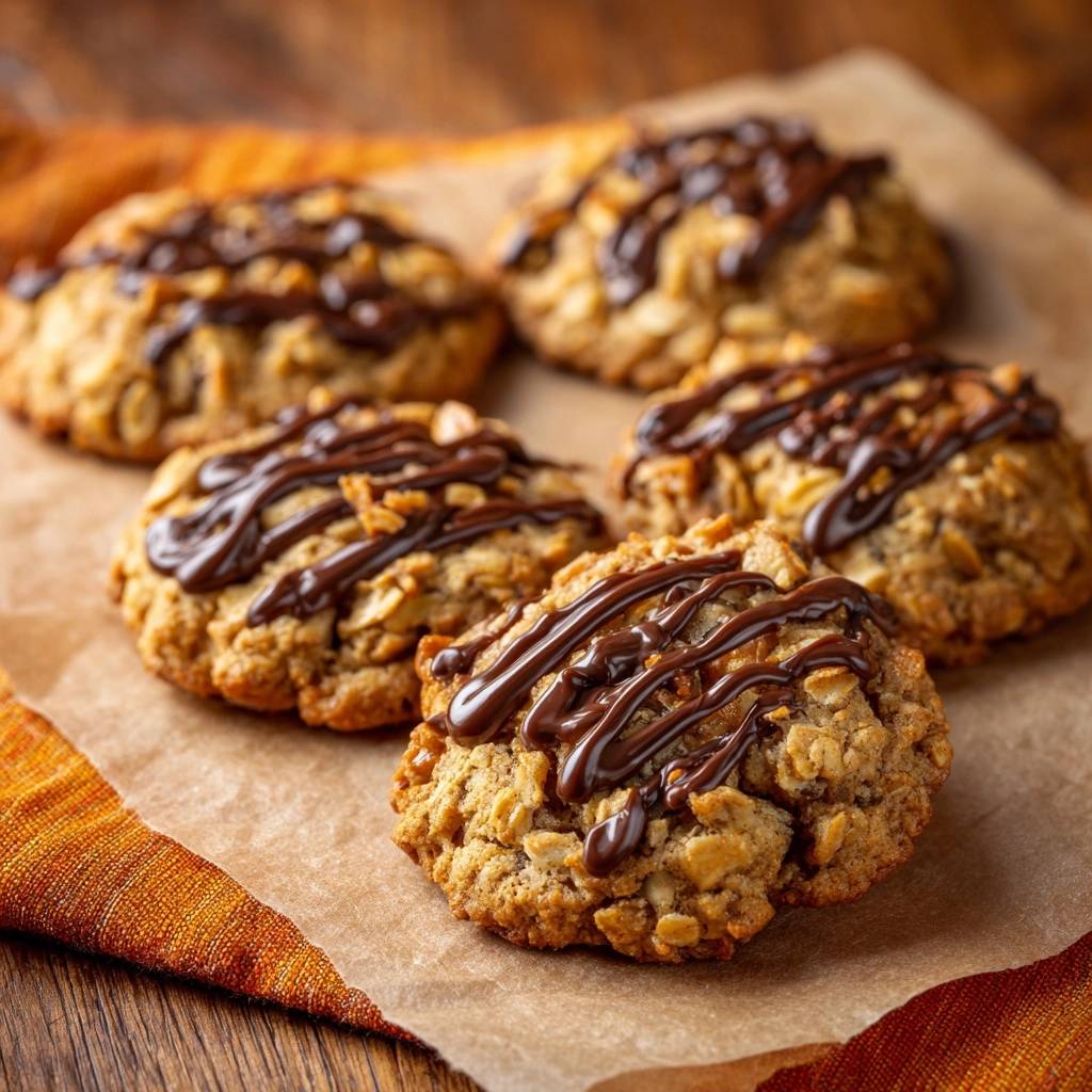 Knusprige Erdnuss-Hafer-Cookies mit Schoko-Drizzle, Nahaufnahme des geschmolzenen Schokoladen-Drizzles auf den Keksen.
