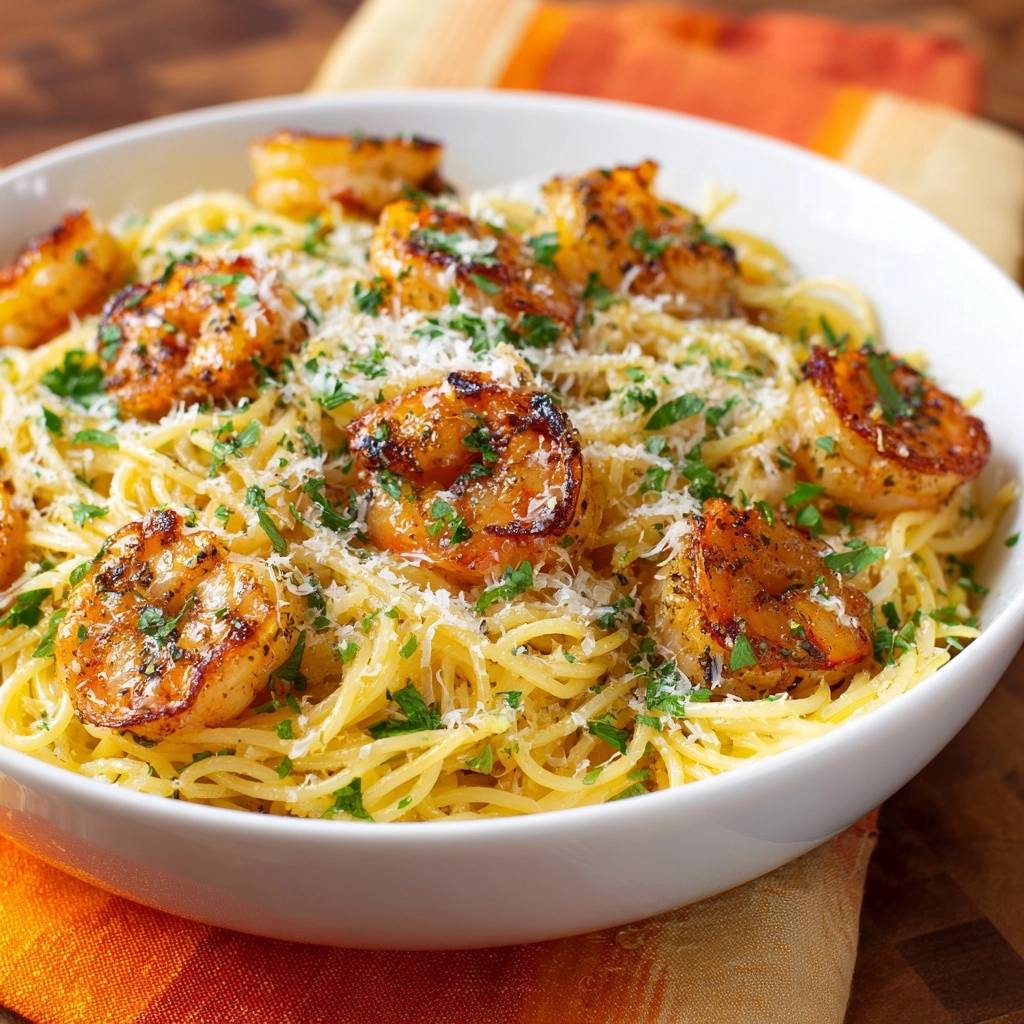 Knusprige Garnelen-Spaghetti mit Parmesan, eine Nahaufnahme der perfekt gebratenen Garnelen auf dem Nudelgericht.