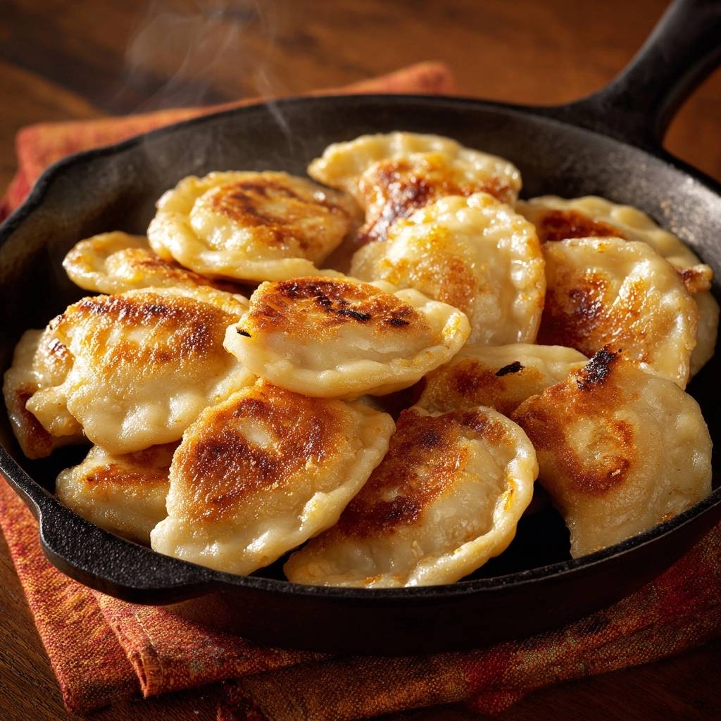 Knusprige gebratene Pierogi, die in einer schwarzen Eisenpfanne auf einem rustikalen Tischtuch dampfen und serviert werden.