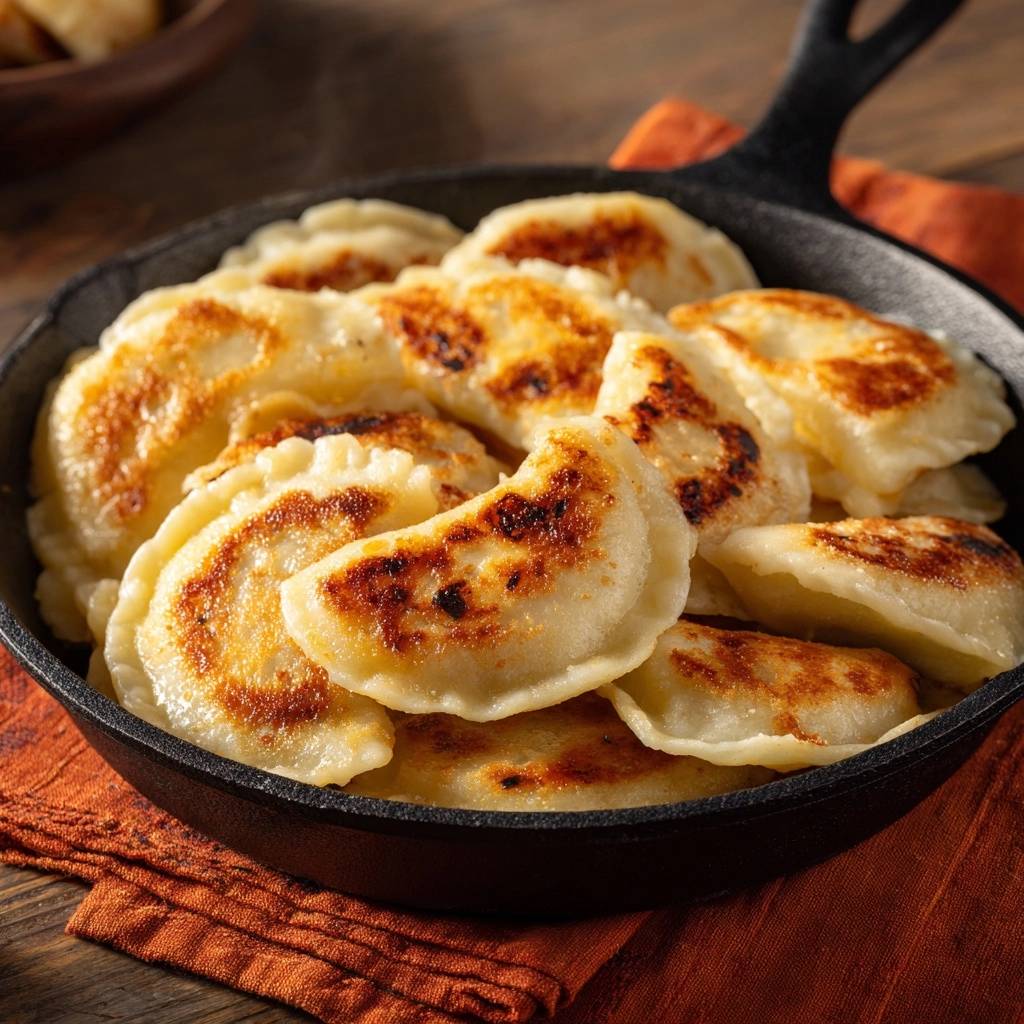 Knusprige gebratene Pierogi, die in einer gusseisernen Pfanne auf einem orangen Tuch serviert werden, mit goldbrauner Kruste.
