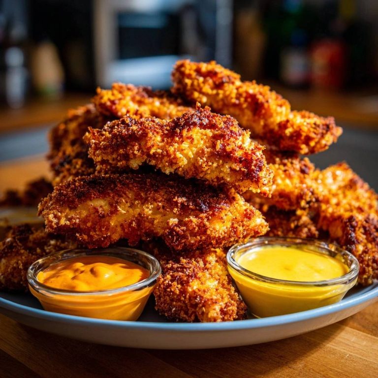Knusprige Hähnchen-Nuggets – Rezept ohne Fritteuse, serviert mit zwei Dips auf einem Teller