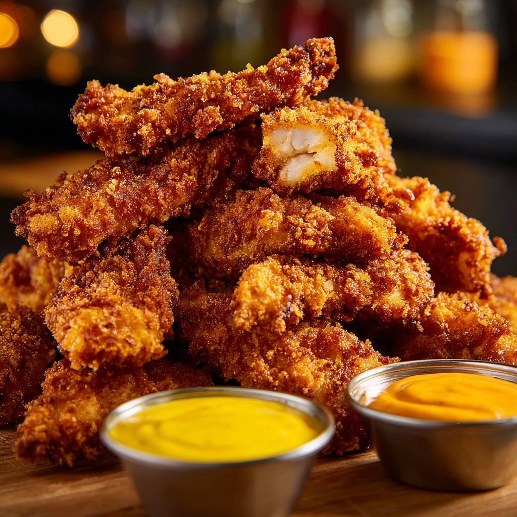Knusprige Hähnchen-Nuggets, serviert mit zwei Dips auf einem Holzbrett, ein Nugget ist angeschnitten.