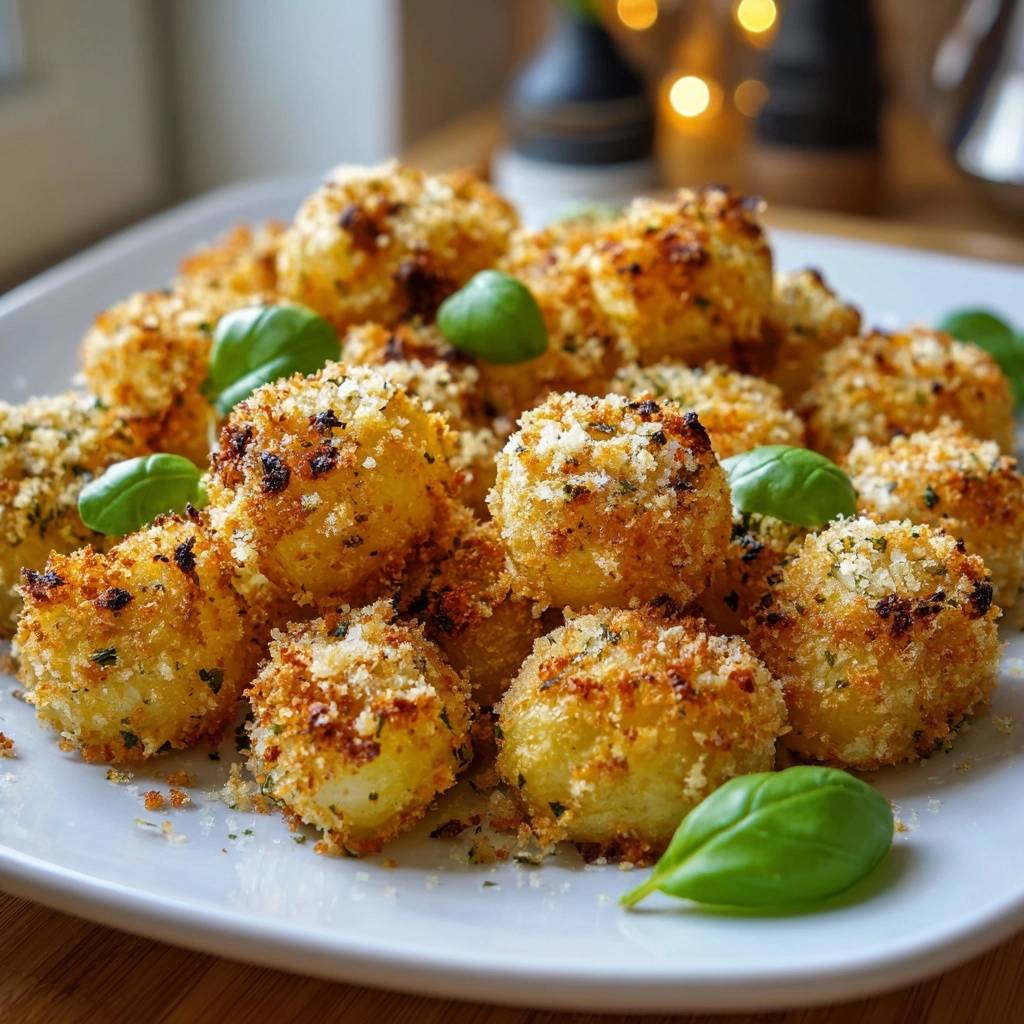 Knusprige Kartoffelbällchen mit Basilikum-Parmesan-Kruste, nah aufgenommen mit frischen Basilikumblättern und goldbrauner Panade.