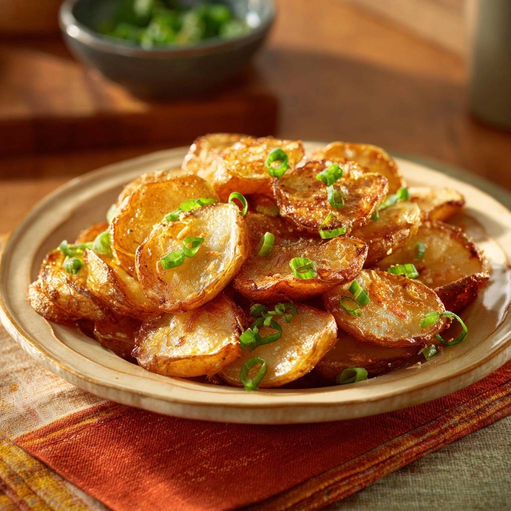 Knusprige Kartoffelscheiben mit Frühlingszwiebeln, nahaufnahme der garnierten und goldbraun gebratenen Kartoffelstücke auf einem Teller.