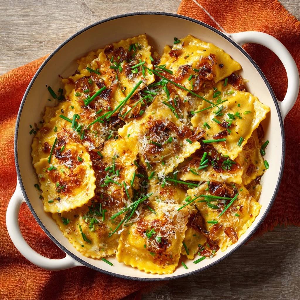 Knusprige Ofen-Ravioli mit Karamellzwiebeln, garniert mit frischen Kräutern und geriebenem Käse, aus der Draufsicht.