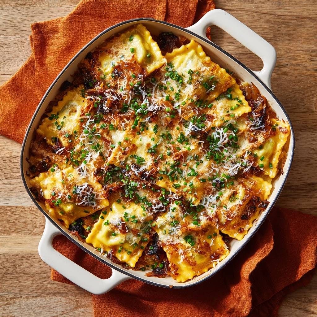 Knusprige Ofen-Ravioli mit Karamellzwiebeln, im Auflauf serviert und mit Kräutern garniert, von oben gesehen.