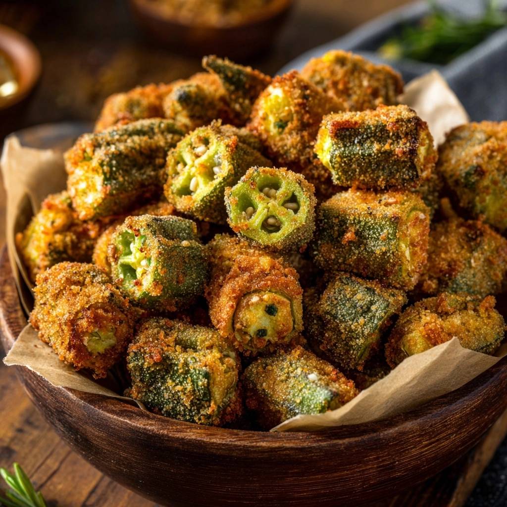 Knusprige Okra-Fritters im Querschnitt, die die saftigen grünen Stücke und die goldbraune Panade zeigen.