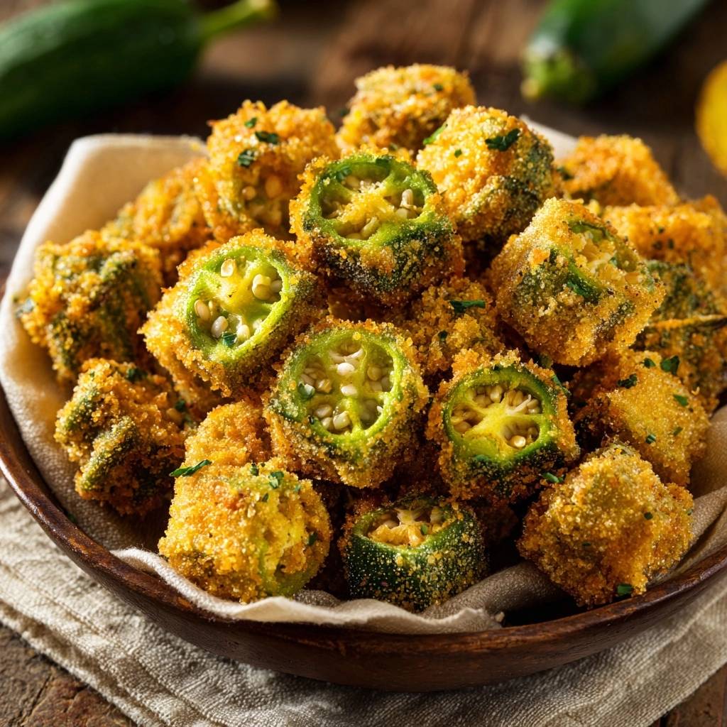 Knusprige Okra-Fritters im Querschnitt, die goldbraune Panade und das grüne Innere der Okrascheiben zeigen.
