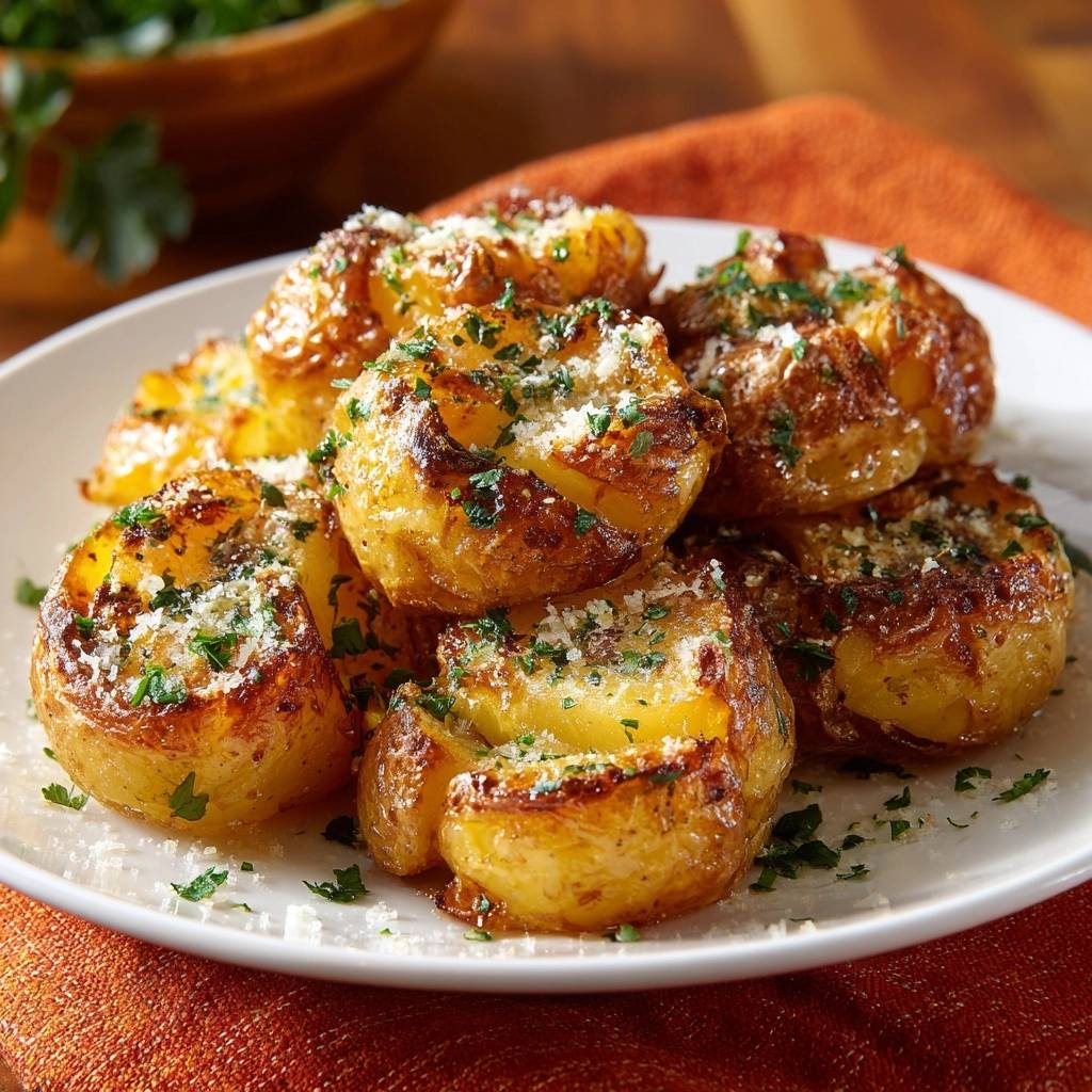 Knusprige Parmesan-Babykartoffeln, serviert auf einem Teller und mit frischer Petersilie und Parmesan bestreut.