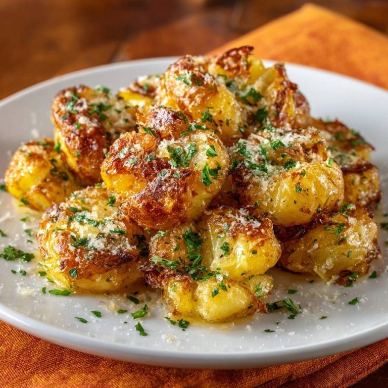 Knusprige Parmesan-Babykartoffeln auf einem weißen Teller, garniert mit frischer Petersilie und geriebenem Käse.