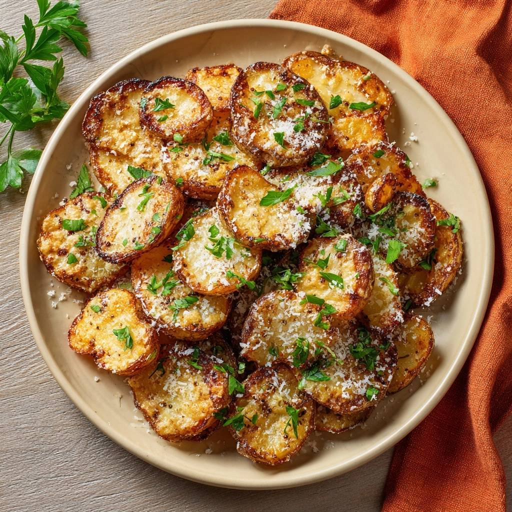 Knusprige Parmesan-Kartoffeln detailreich garniert mit frischer Petersilie und geriebenem Parmesan auf einem Teller.