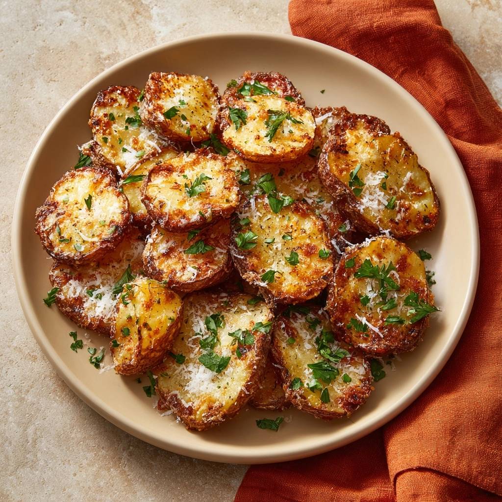 Knusprige Parmesan-Kartoffeln, serviert auf einem Teller und garniert mit frischer Petersilie und geriebenem Parmesan.