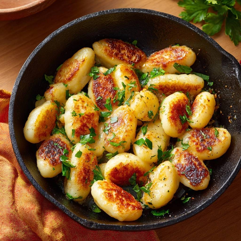 Knusprige Petersilienkartoffeln in einer Gusspfanne, garniert mit frischer Petersilie, zeigen eine goldbraune und knusprige Textur.